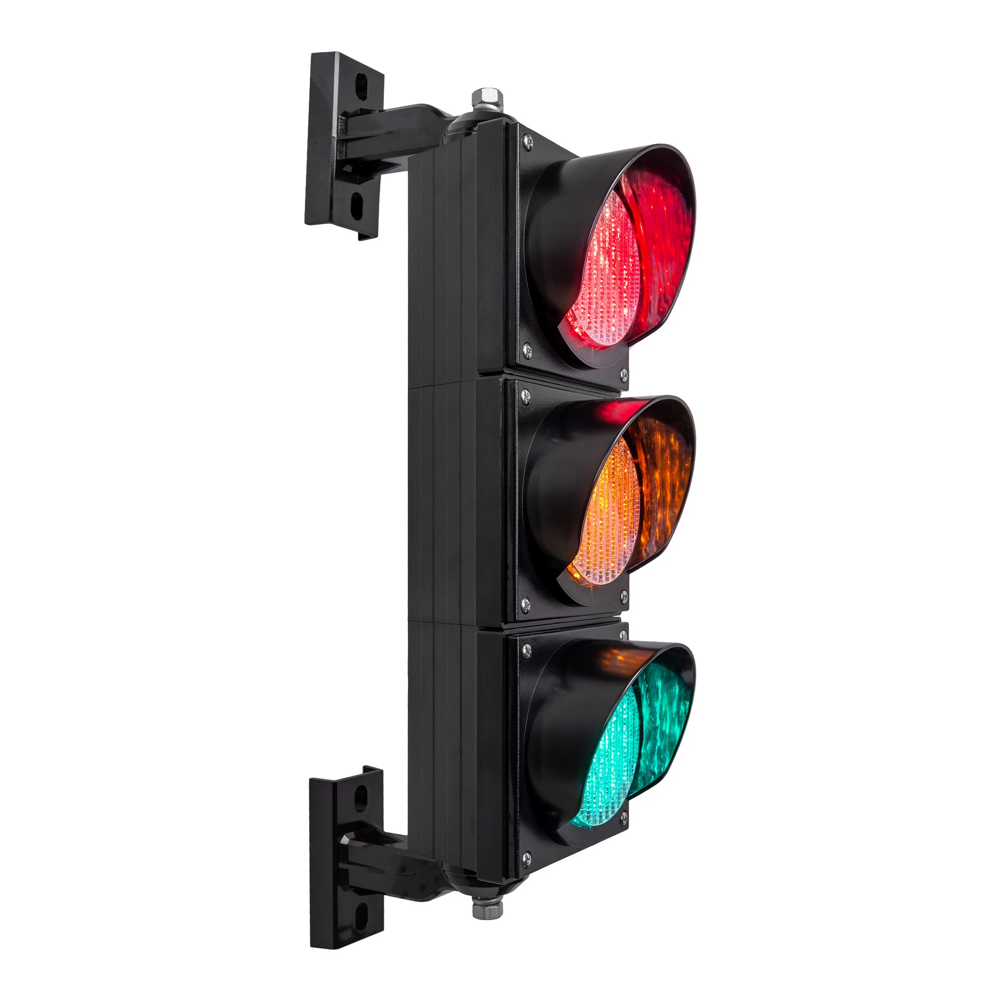 Polycarbonate traffic light with red, yellow, and green lights on a white background.