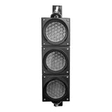 Triple lens polycarbonate traffic light on a white background.