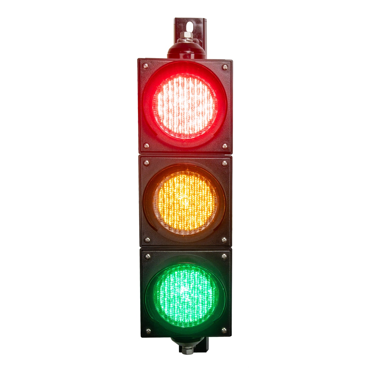 Polycarbonate traffic light with red, yellow, and green lights on a white background.