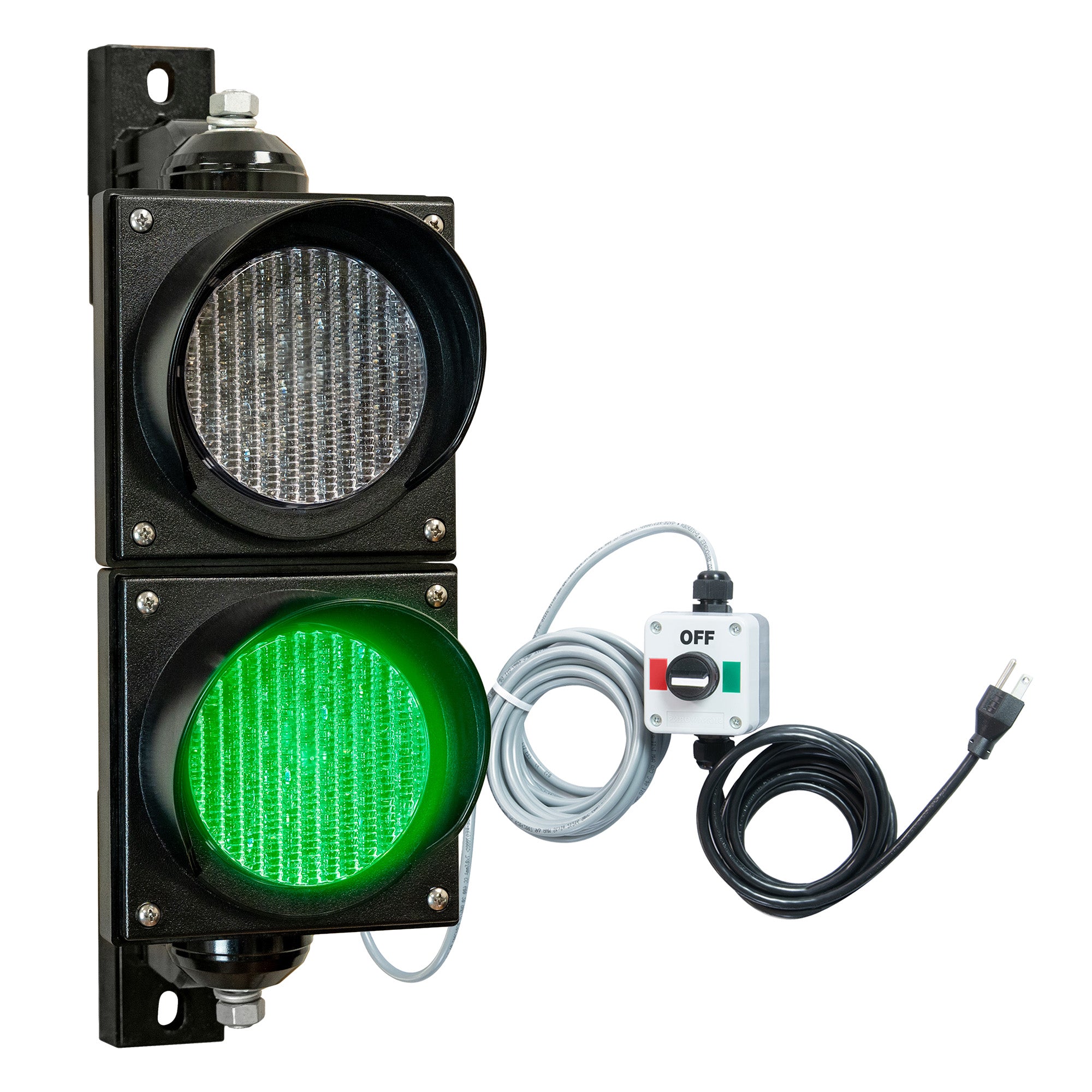 Traffic light with green illuminated light and control box on a white background.
