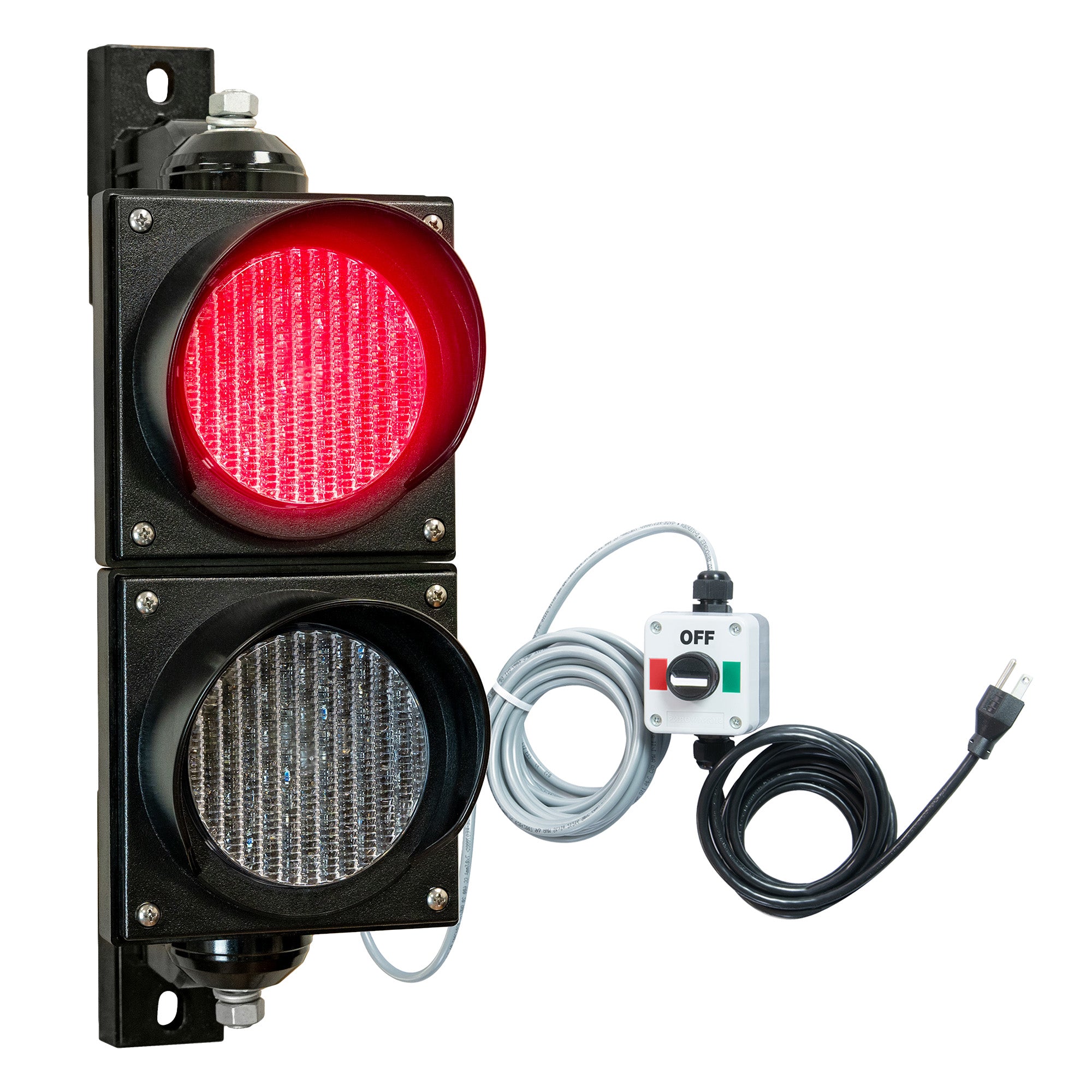 Red traffic light with control box and cables on a white background.
