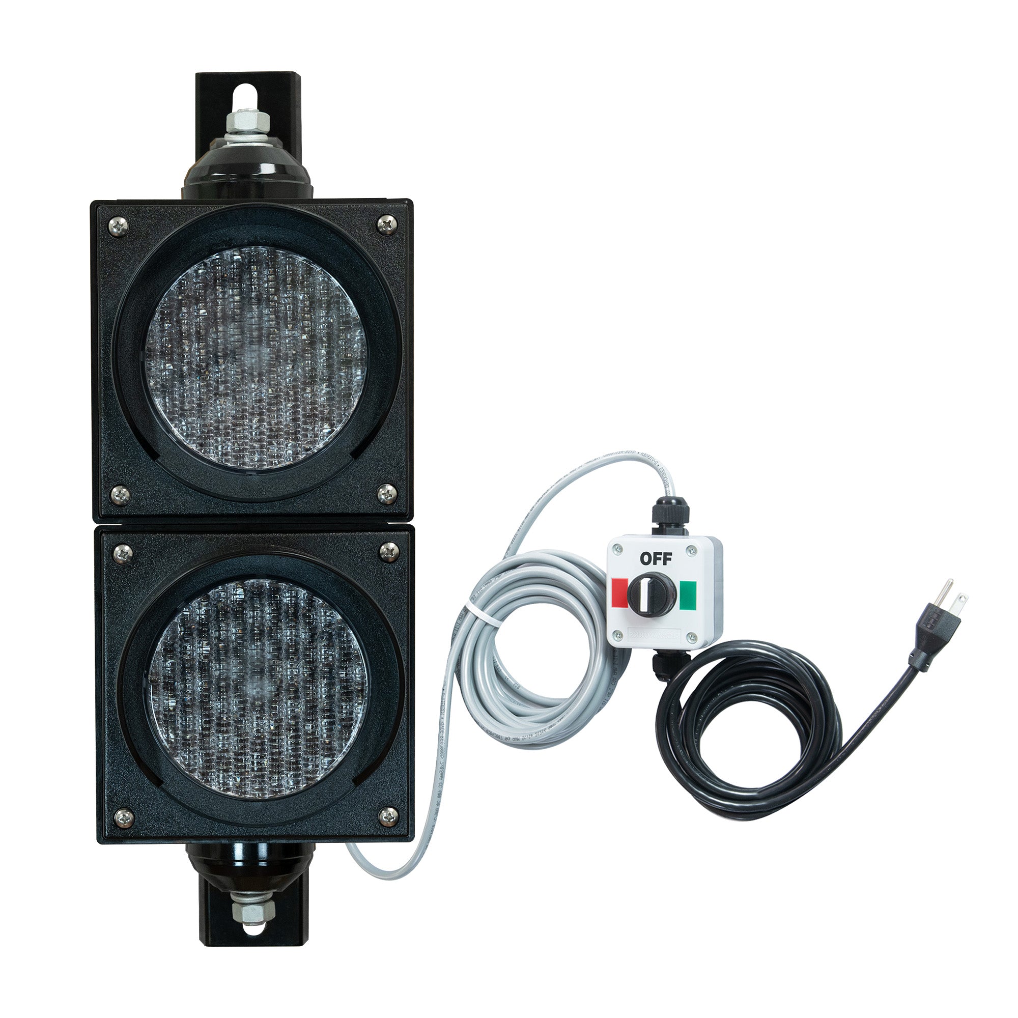 Traffic light system with LED light, control box  and cables on a white background.