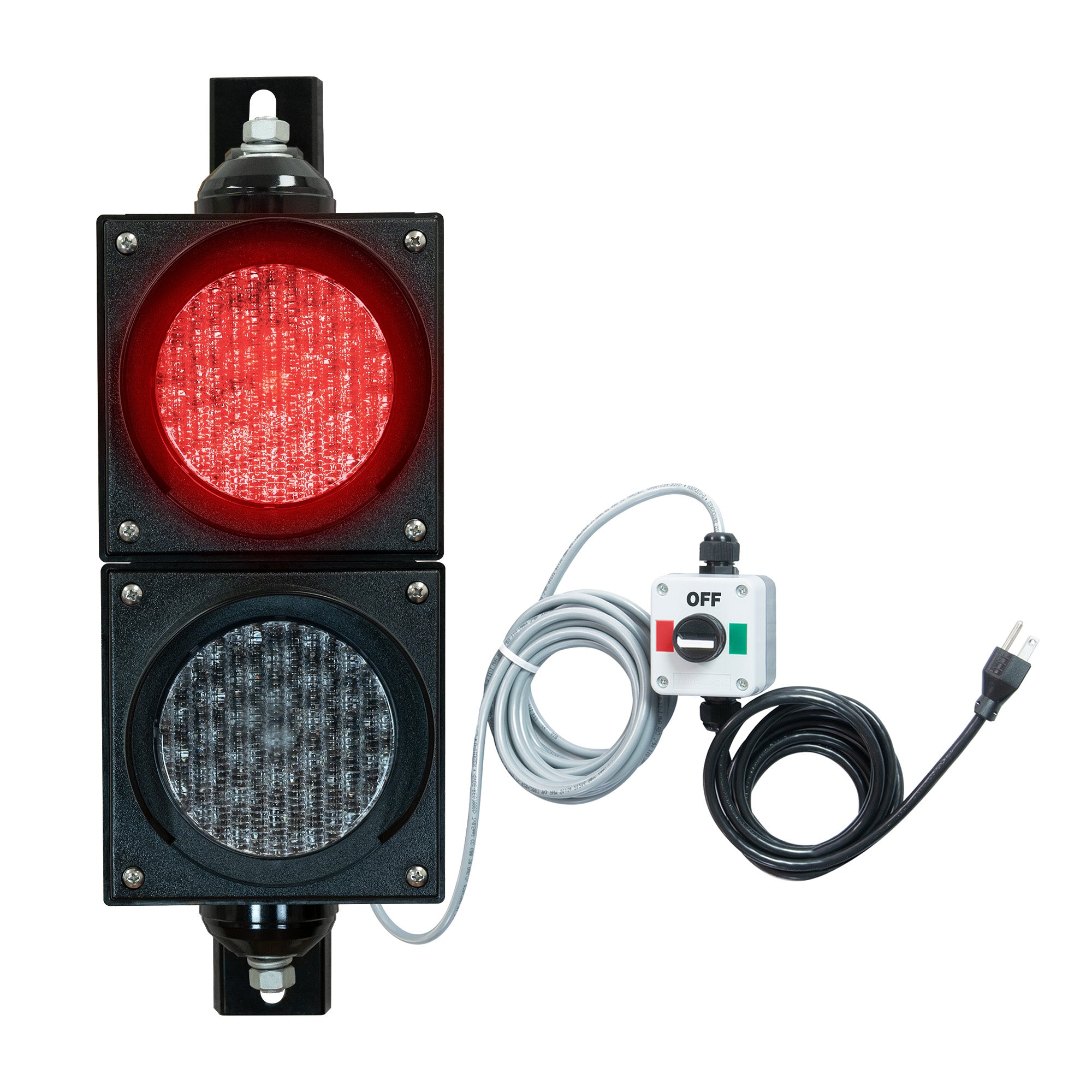 Traffic light system with red LED light, control box and cables on a white background.