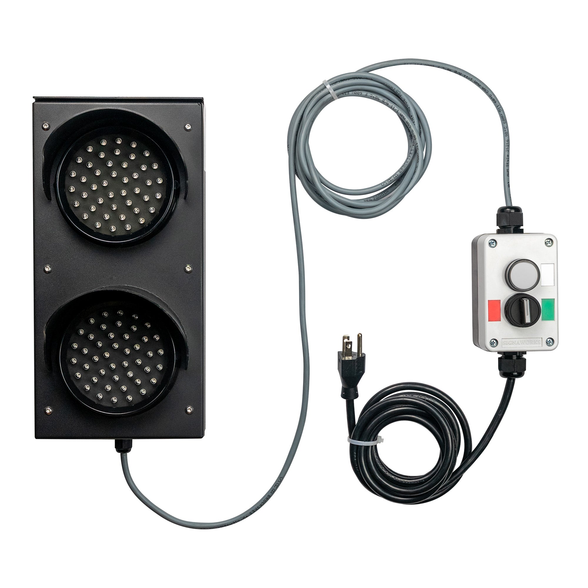 LED light with mirroring pilot light control box and cables on a white background.