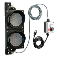 Two traffic lights with wiring and a pilot light control box on a white background.