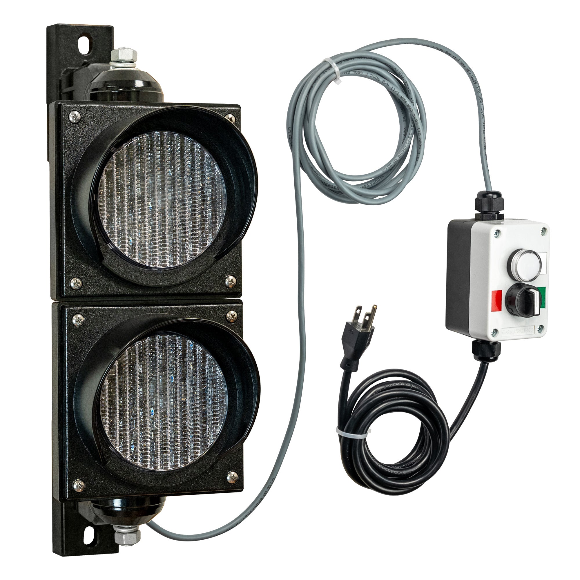 Two traffic lights with wiring and a pilot light control box on a white background.