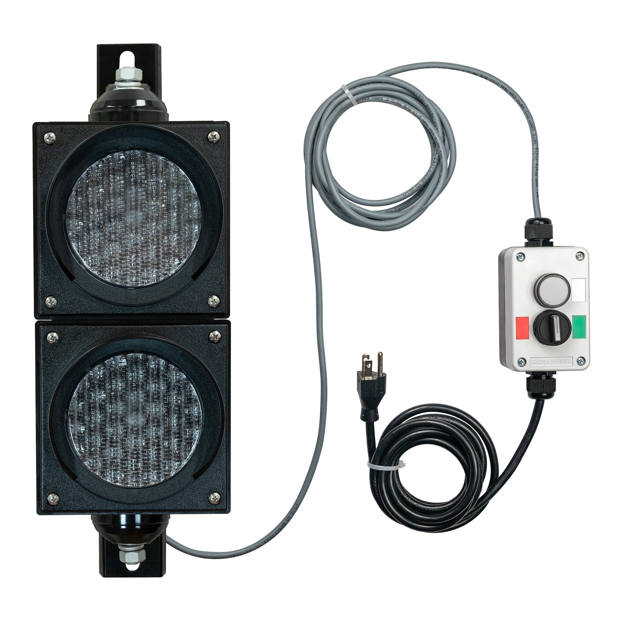 Traffic light with a pilot light control box and cables on a white background.
