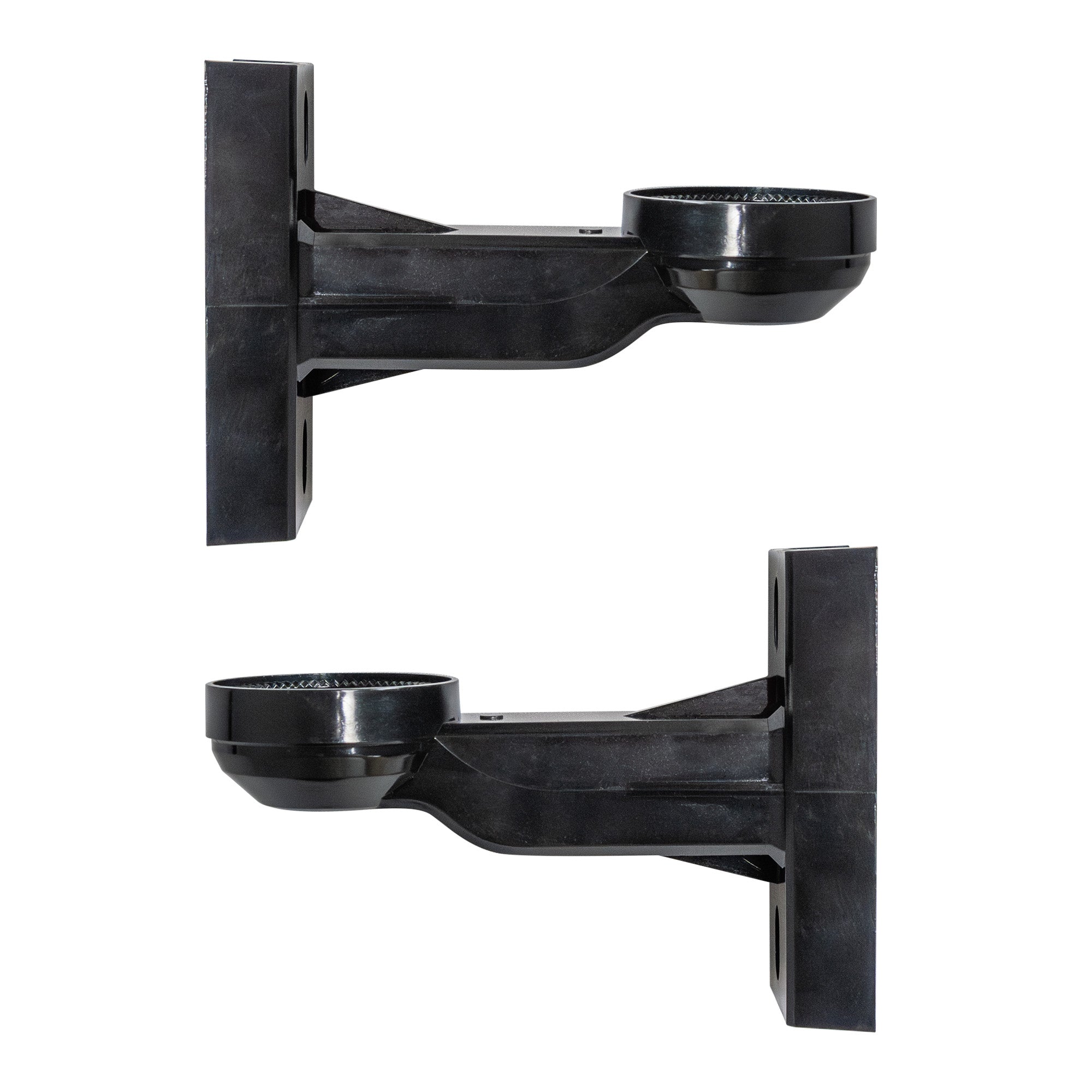 Two black plastic wall-mounted brackets on a white background.