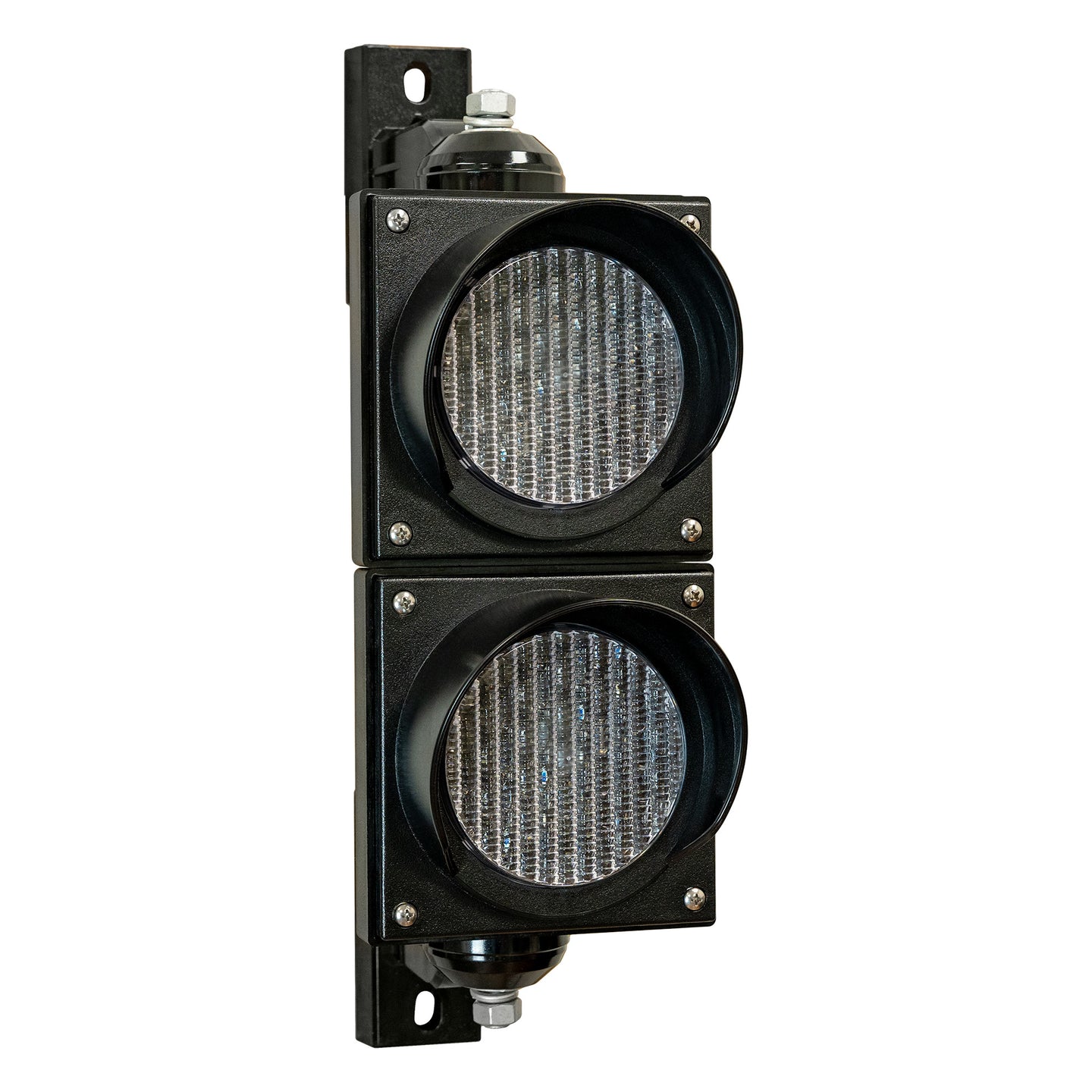 Dual 4 inch traffic light with black plastic brackets turned off on a white background.