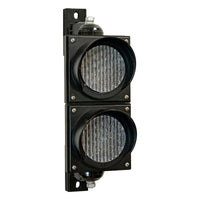 Dual 4 inch traffic light with black plastic brackets turned off on a white background.