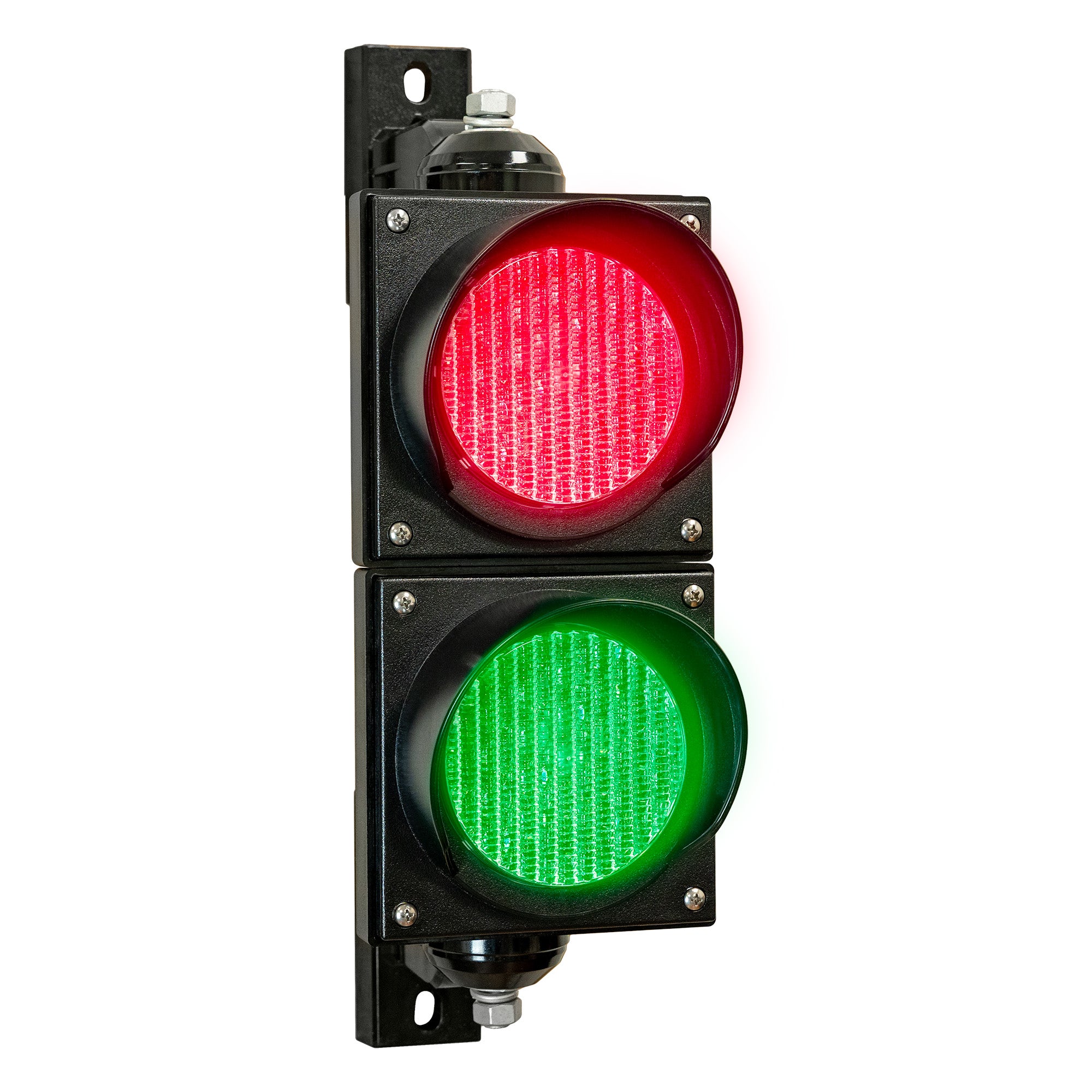 Dual 4 in traffic light illuminated red and green with black plastic brackets on a white background.