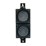 Dual 4 inch traffic light with black plastic brackets turned off on a white background.