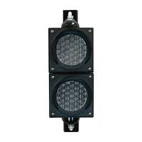 Dual 4 inch traffic light with black plastic brackets turned off on a white background.