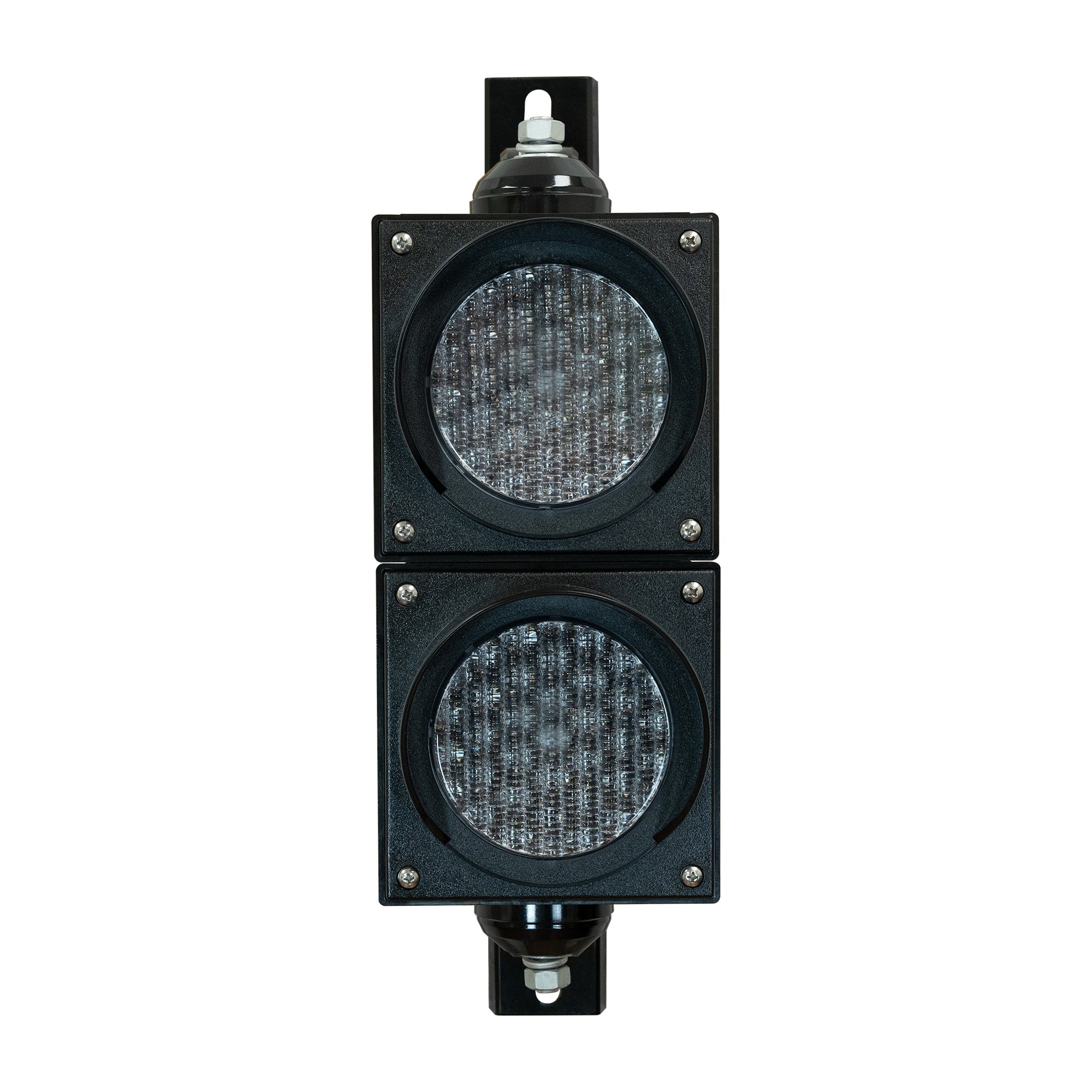 Dual 4 inch traffic light with black plastic brackets turned off on a white background.