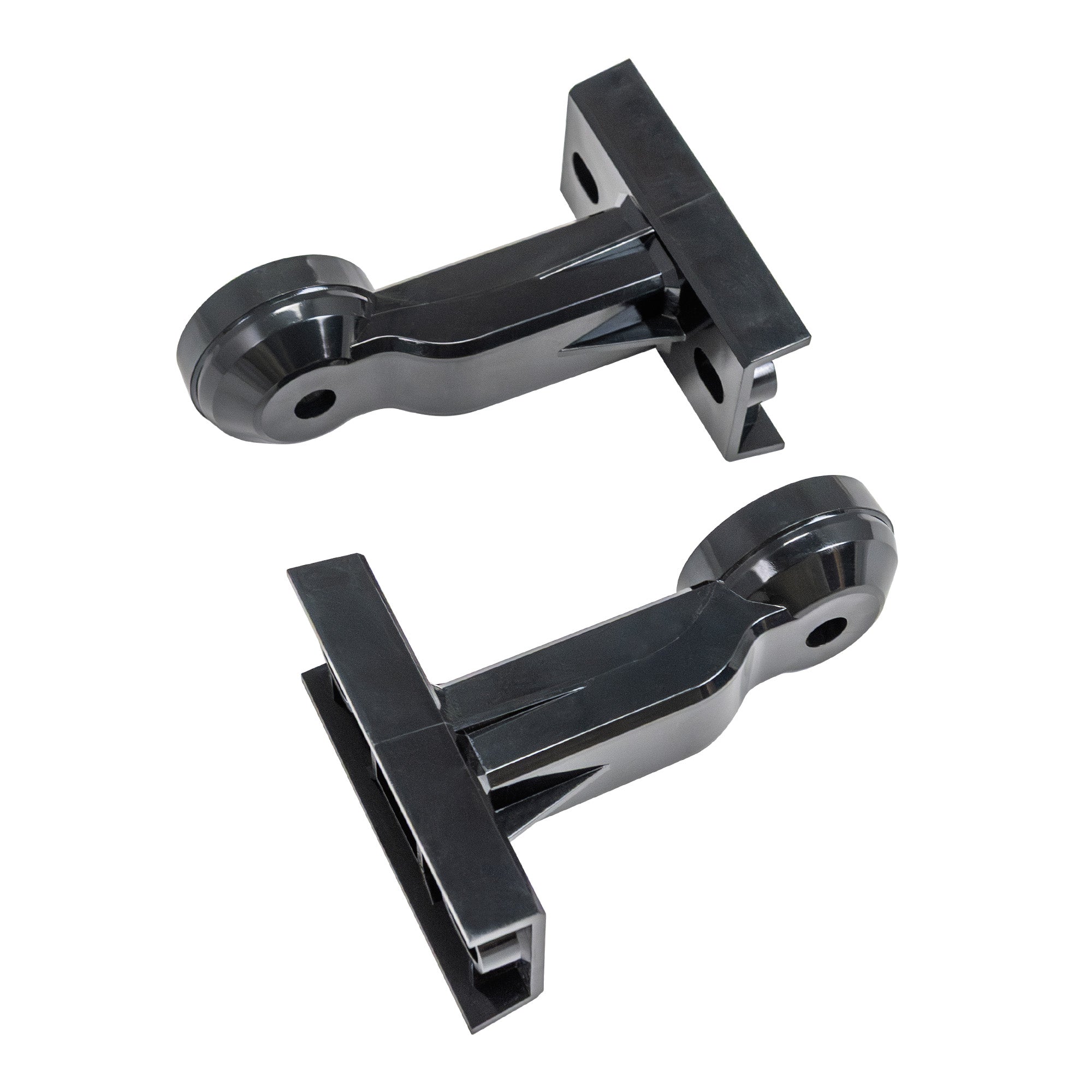 Two black plastic wall-mounted brackets on a white background.