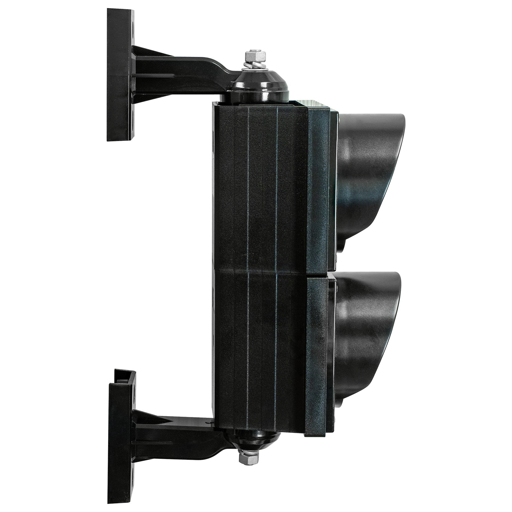 Dual 4 inch traffic light with black plastic brackets on a white background.