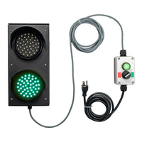 Green LED light with mirroring pilot light control box and cables on a white background.