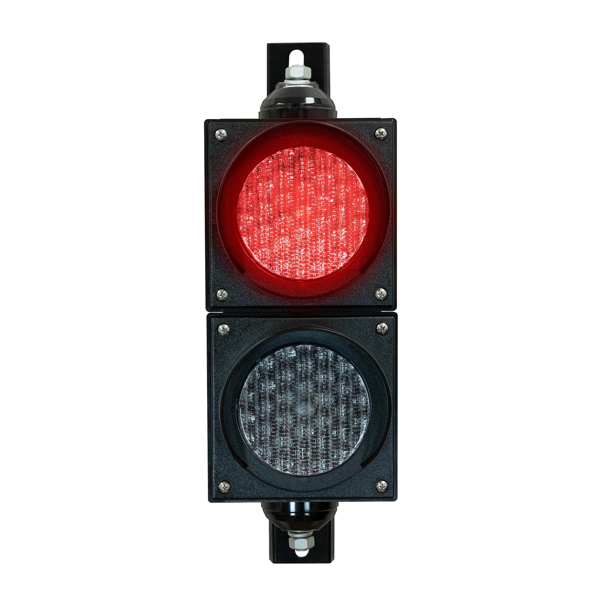 Red four inch traffic light with black plastic housing and mounting brackets.
