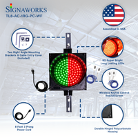 'Signaworks' branded graphic depicting  an 8 in wireless bi-color traffic light featuring mounting brackets LED quality, wireless key fob, power cord and housing construction.