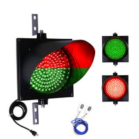 Bi-color single 8 inch wireless traffic light with power cord, steel mounting brackets, key fob remote and color options - Red-Green on a white background.