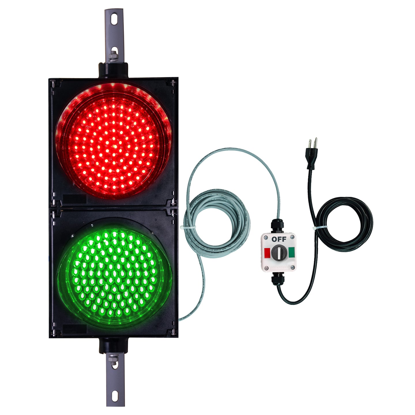 Traffic light with red and green lights, wiring and 3-Position control box on a white background.