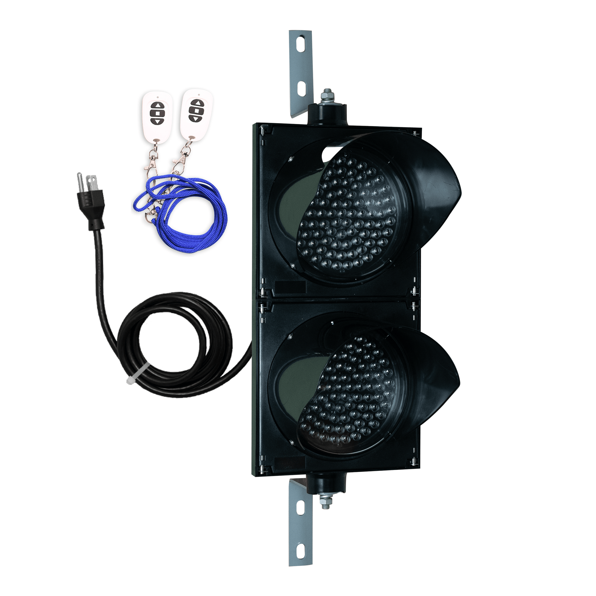 Black wireless 8 inch traffic light with white wireless key fob on a white background.