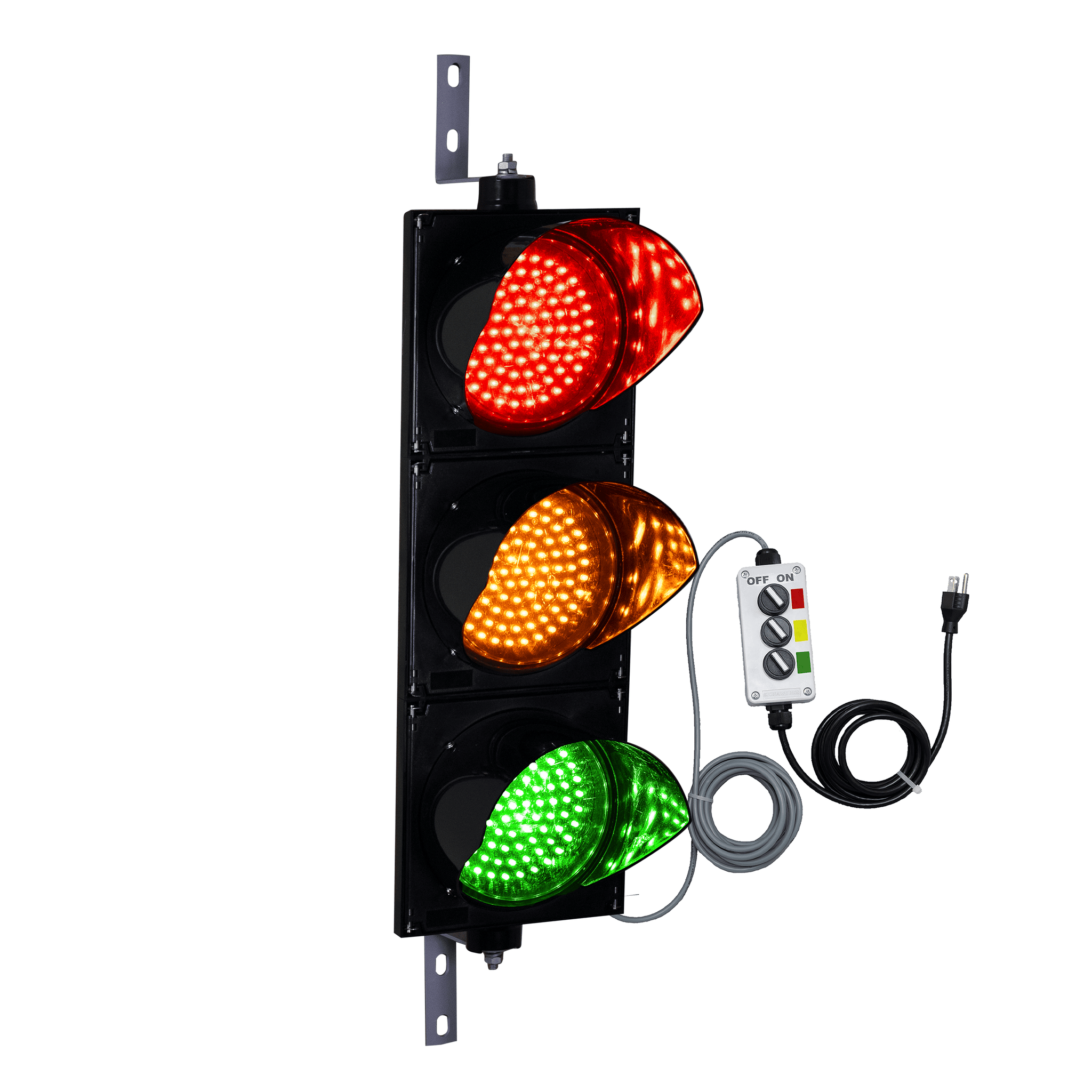 An 8 inch red, amber and green triple traffic light with a 2-position  control switch box and power cord.