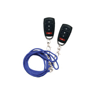 2 black wireless fobs with blue lanyards attached on a white background.
