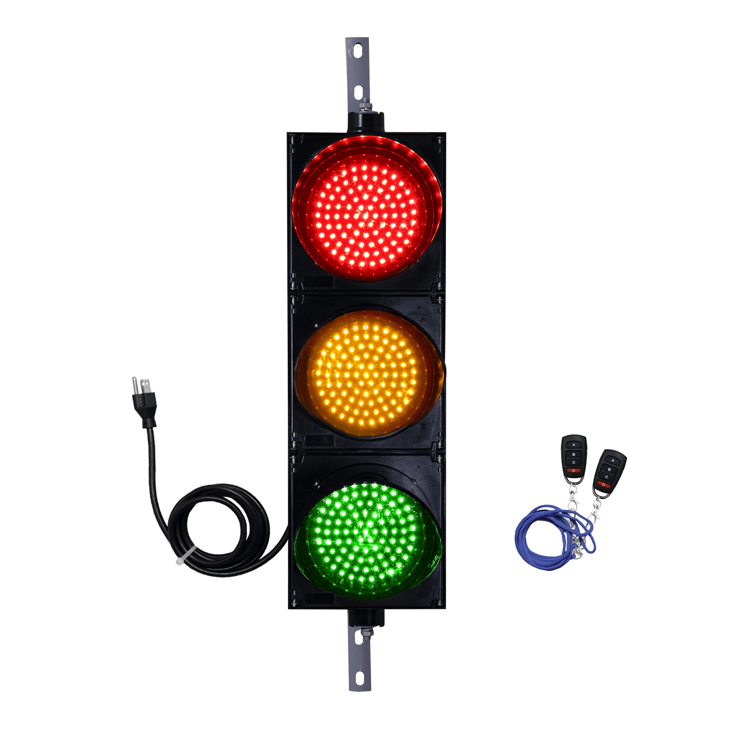 Wireless triple 8 inch red, amber and green wireless traffic light with black key fob set on a white background.