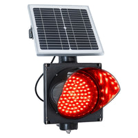 Solar powered 8 inch single red lens traffic light on a white background.