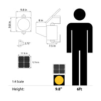 Diagram depicting solar powered traffic light dimensions and relative scale to a 6 foot human.