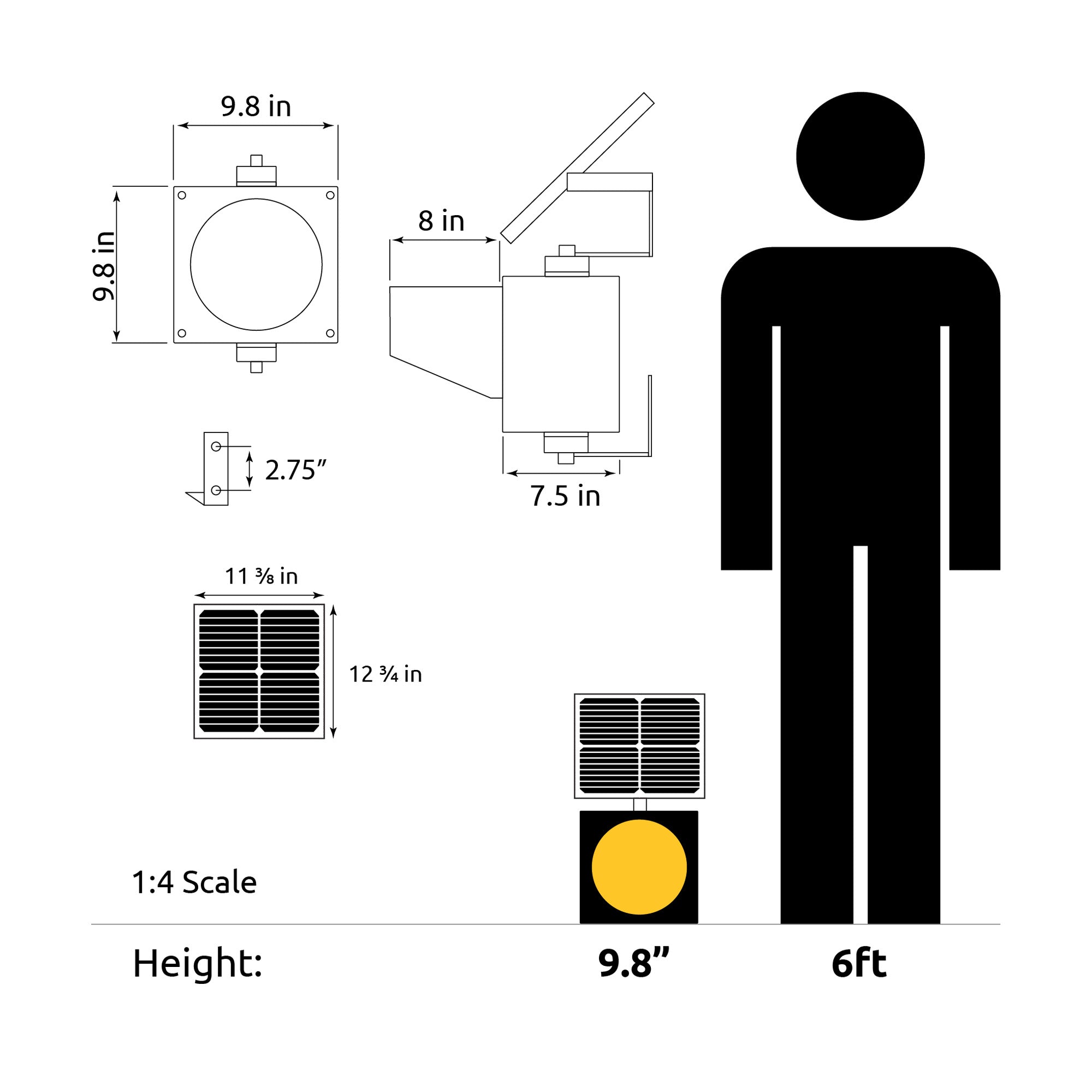 Diagram depicting solar powered traffic light dimensions and relative scale to a 6 foot human.