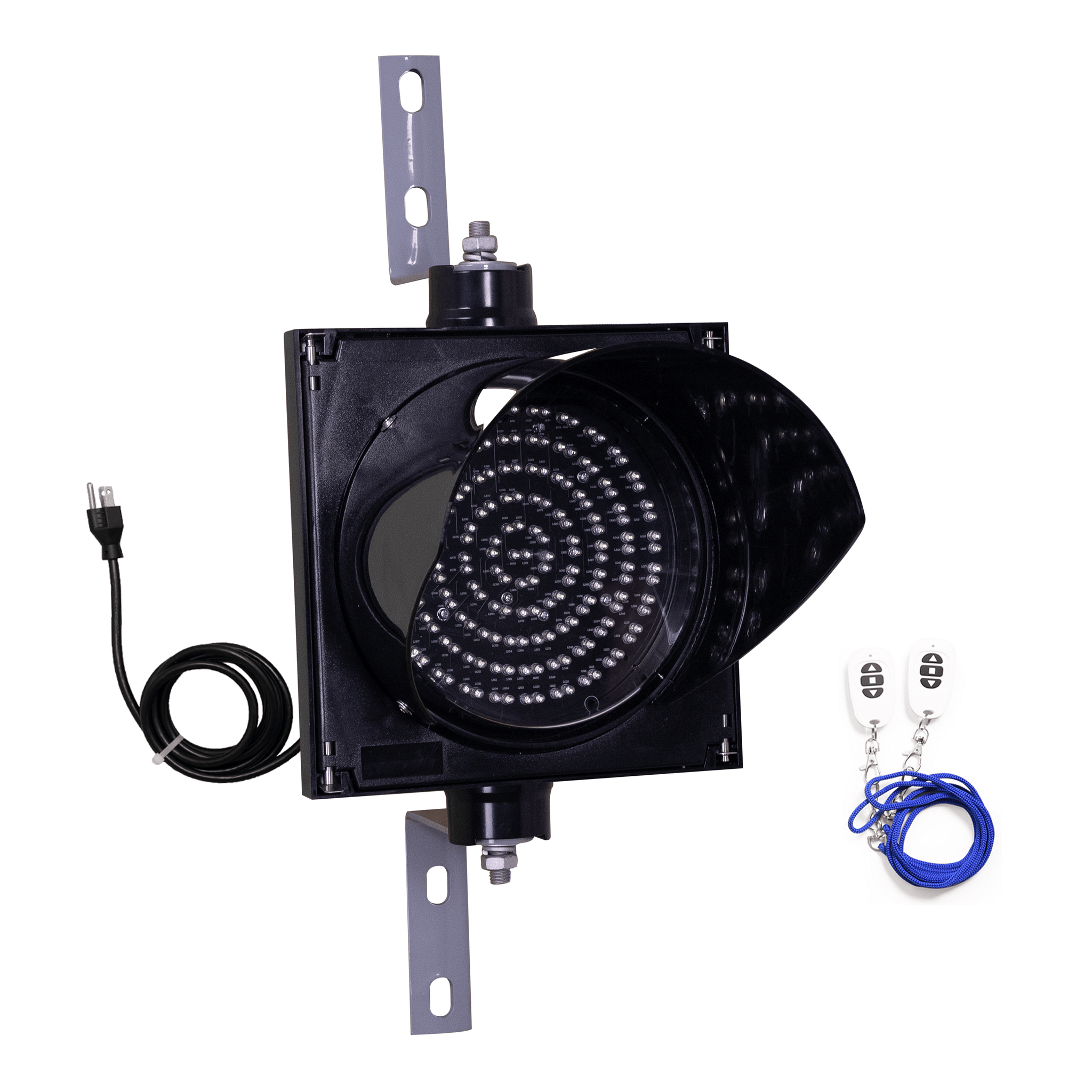 Single 8 inch wireless traffic light with power cord, steel mounting brackets, key fob remote on a white background.