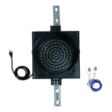 Single 8 inch wireless traffic light with power cord, steel mounting brackets, key fob remote on a white background.