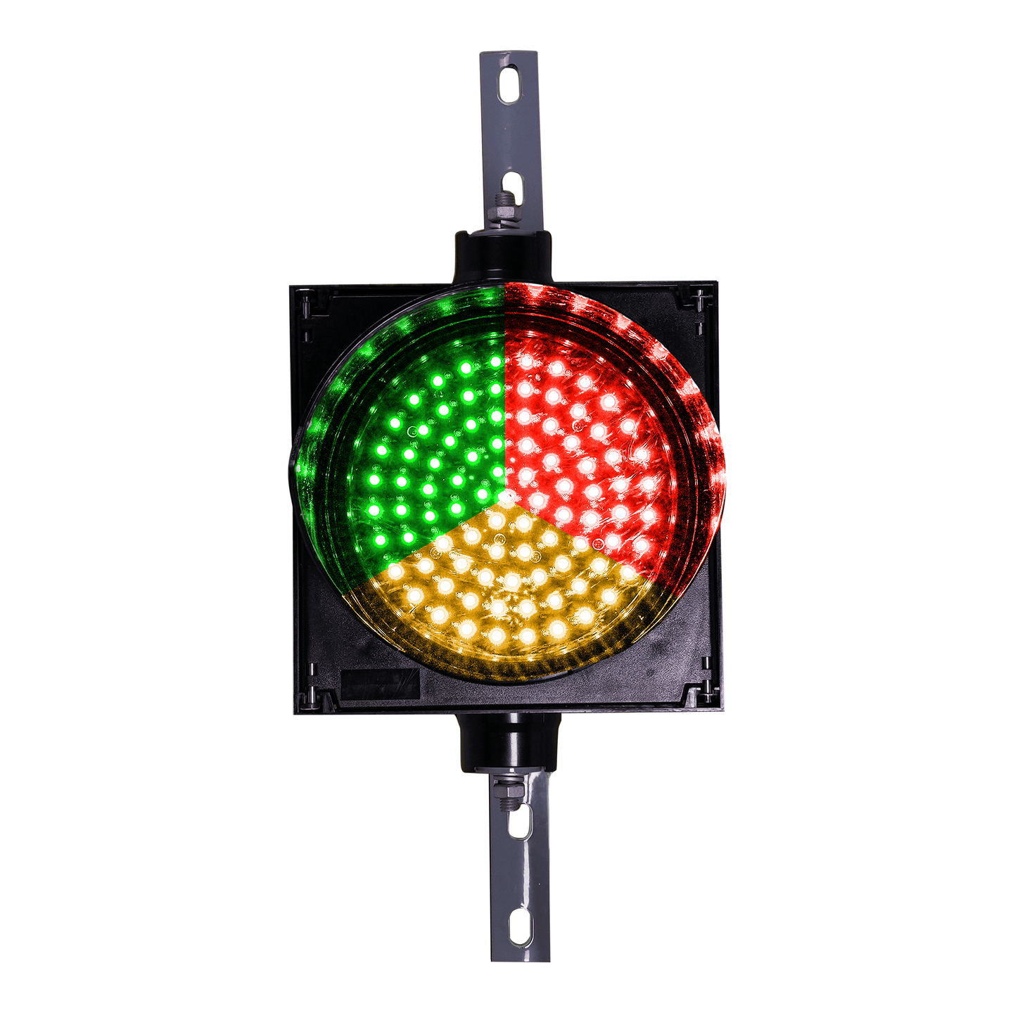 An 8 inch diameter 3-in-1 lens LED stop-go loading dock traffic light with red, amber, and green colors, featuring a polycarbonate housing and two right angle mounting brackets.