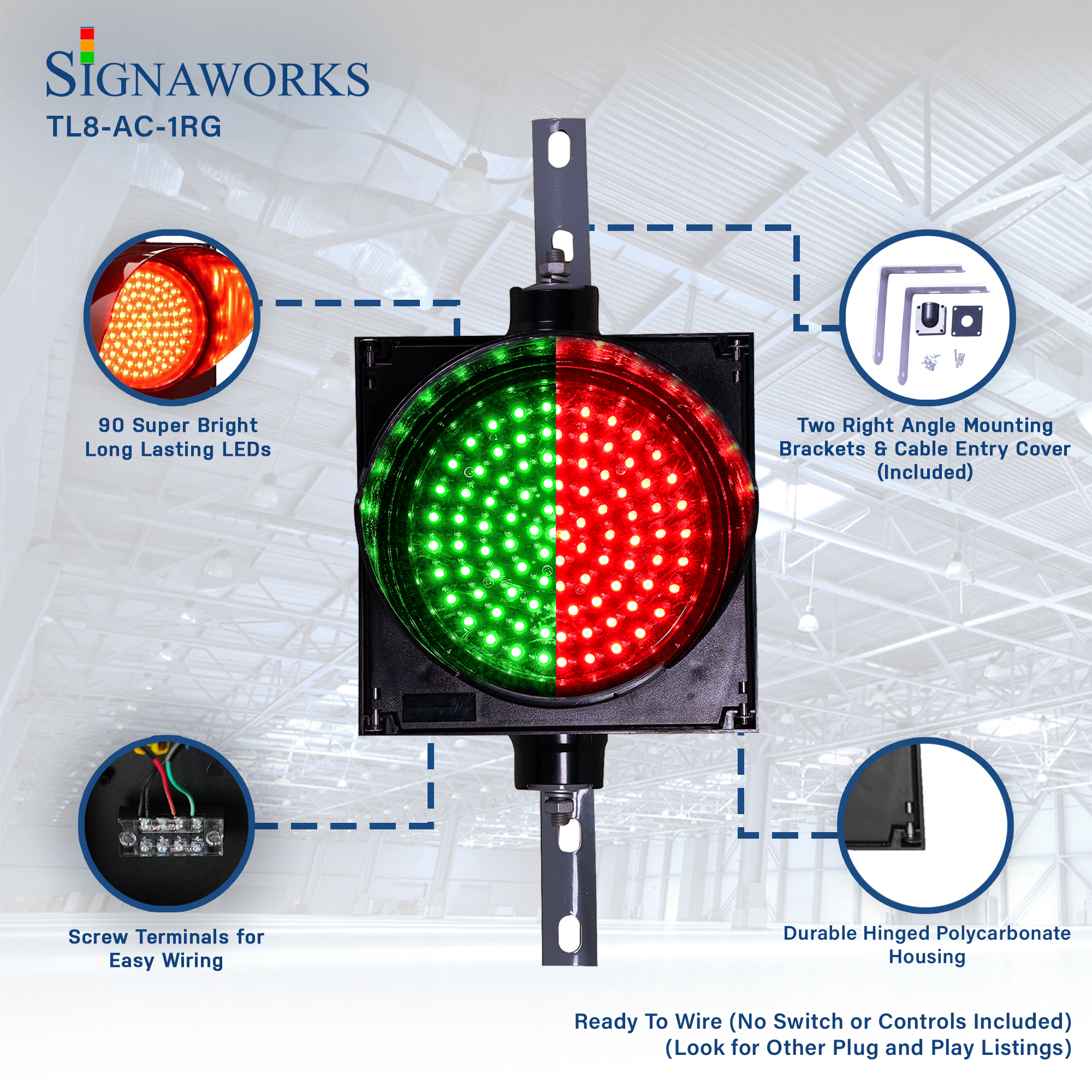 'Signaworks' branded graphic featuring LED quality, mounting hardware, wiring terminals and housing composition.