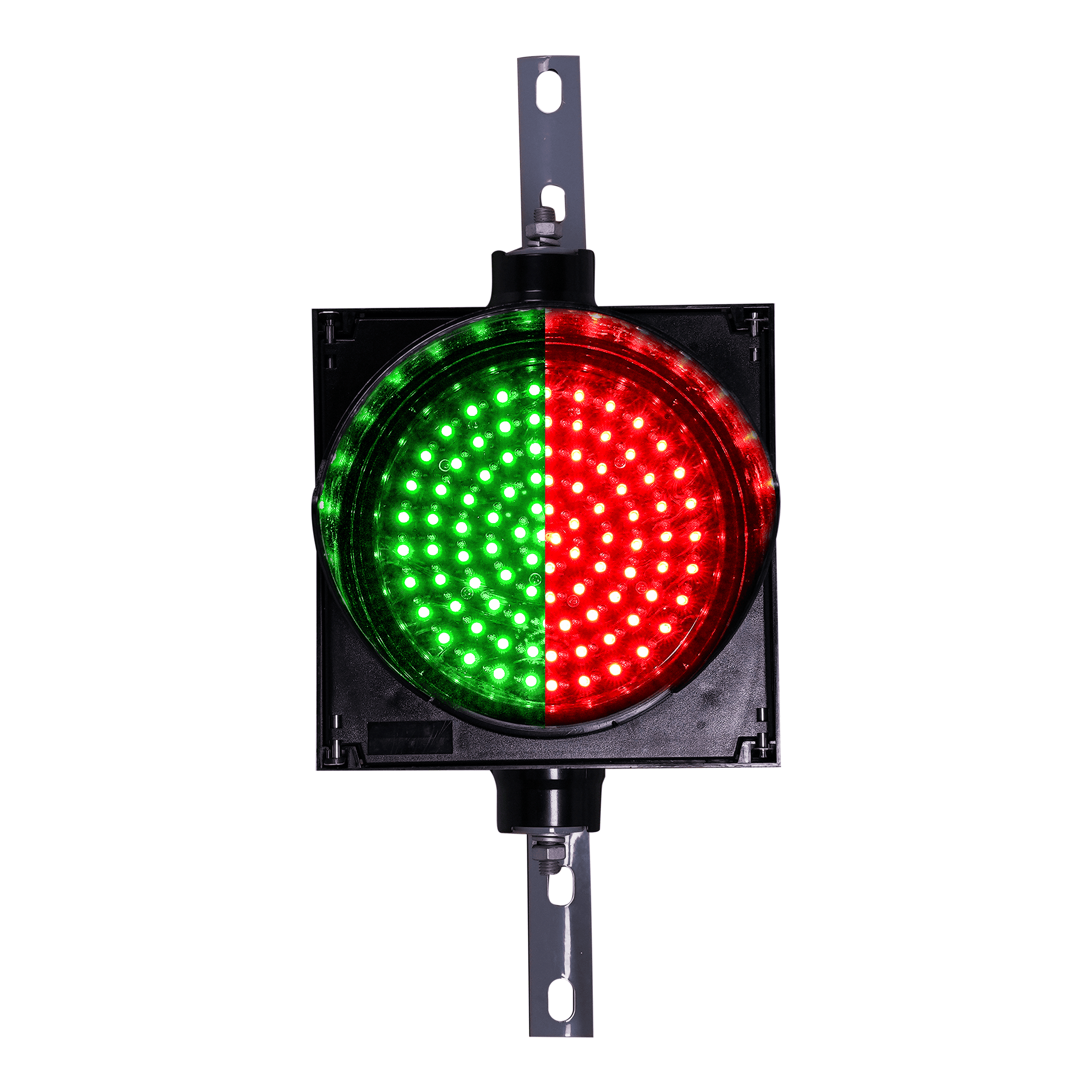 2-in-1 8 inch traffic light that can illuminate in either red or green on a white background.