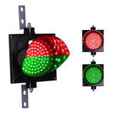 An 8 inch diameter LED traffic light with a red and green 2-in-1 lens design. The light is mounted on a black bracket with a white background, and there are additional views of the green and red lenses.