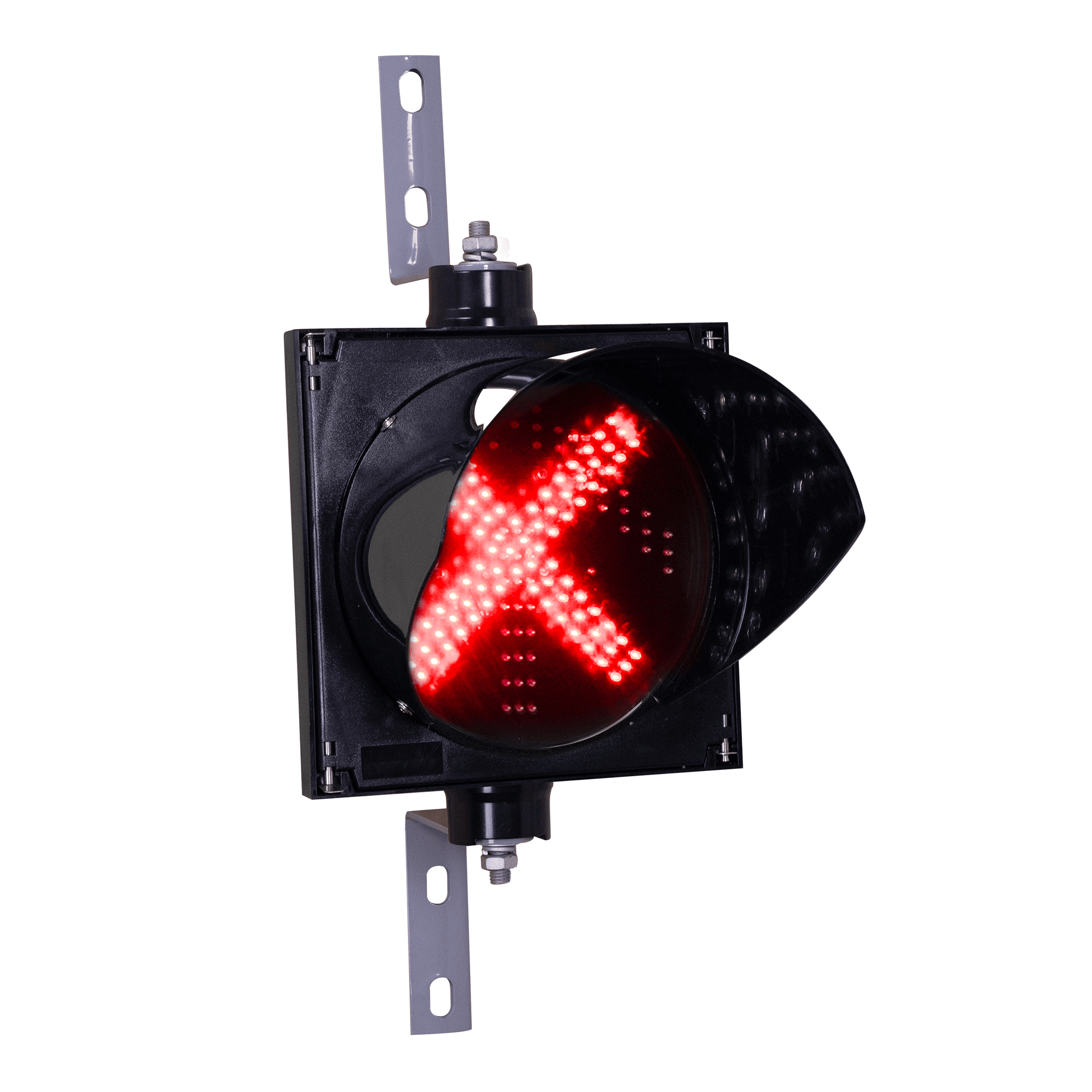 An 8 inch diameter LED traffic light signal featuring a red X in a black polycarbonate housing on a white background.