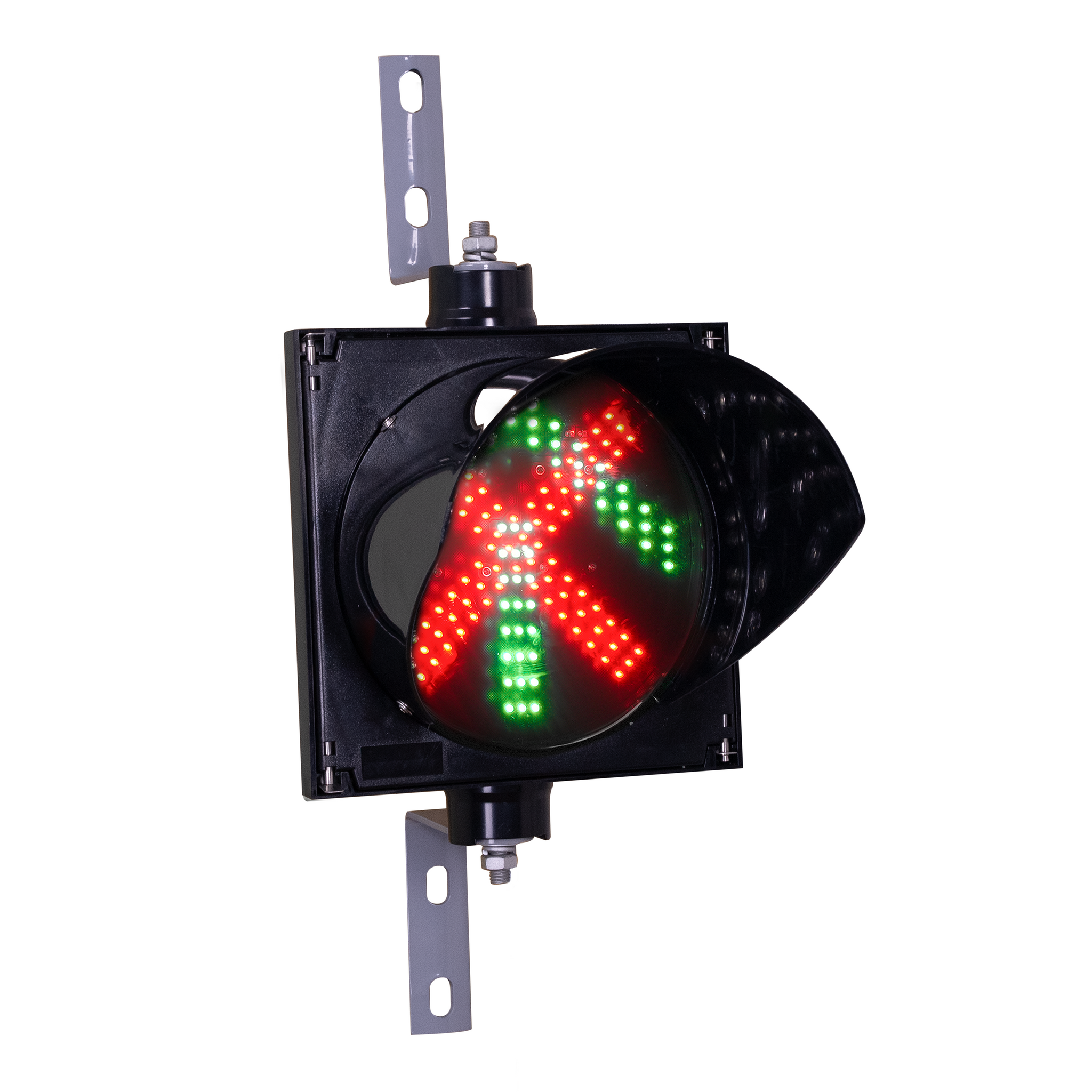 An 8 inch diameter LED traffic light signal featuring a red X and green arrow in a black polycarbonate housing on a white background.