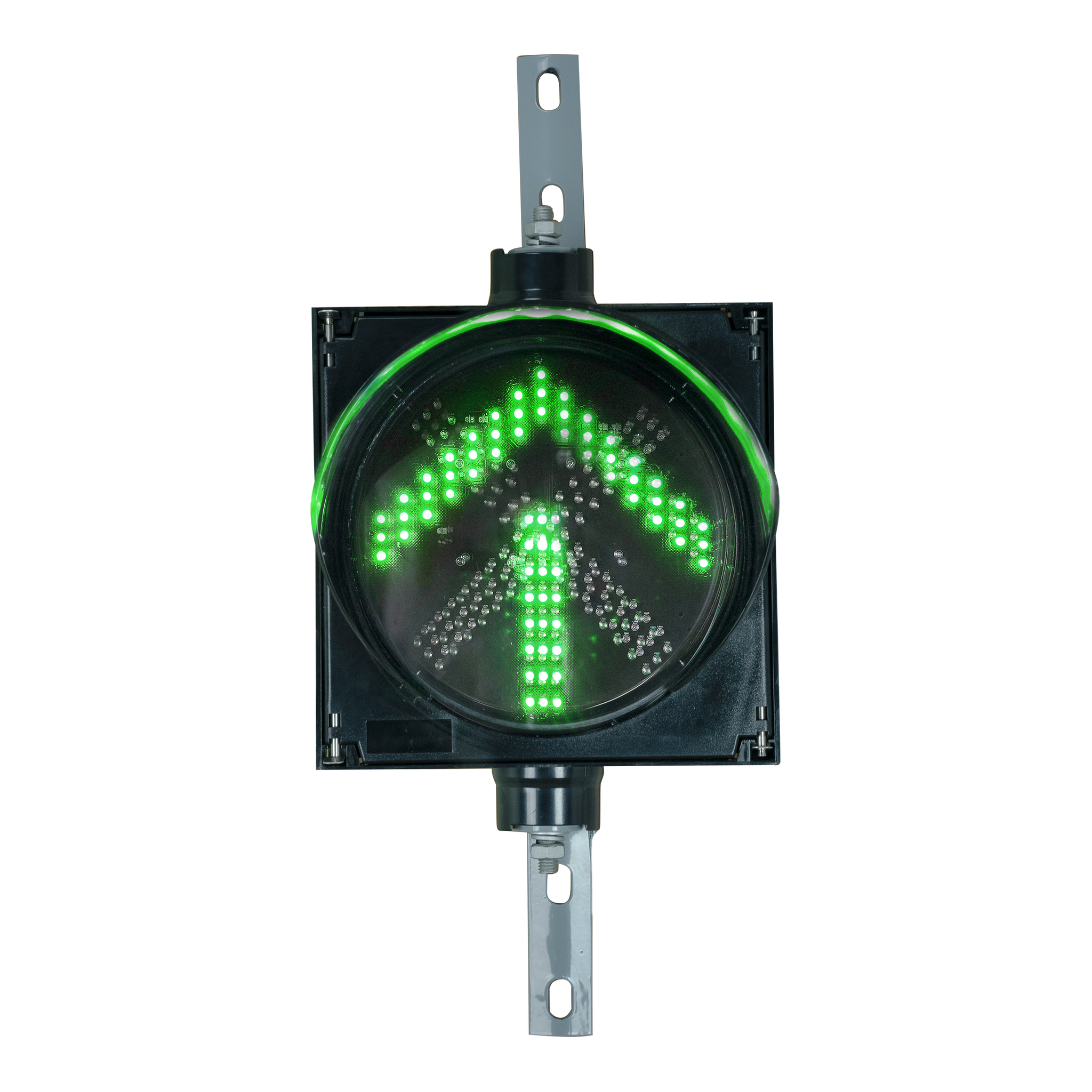 An 8 inch diameter LED traffic light signal featuring a Green arrow in a black polycarbonate housing on a white background.