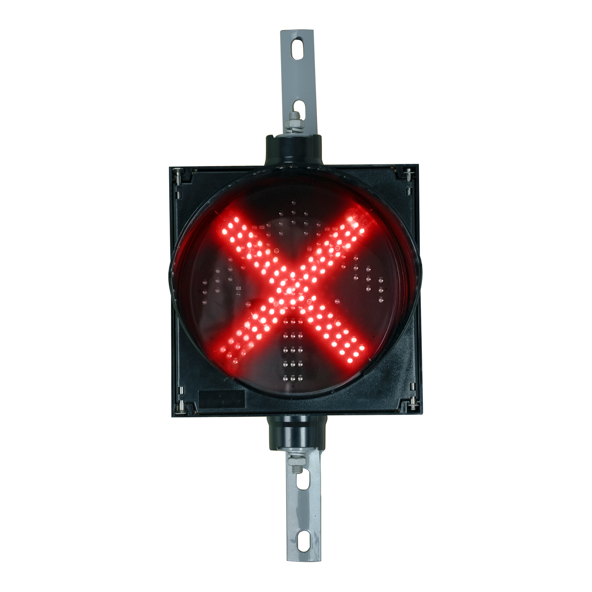 An 8 inch diameter LED traffic light signal featuring a red X in a black polycarbonate housing on a white background.