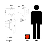A black on white technical drawing of the TL8-1 and a red and black depiction of the light relative to a 6 foot tall human.