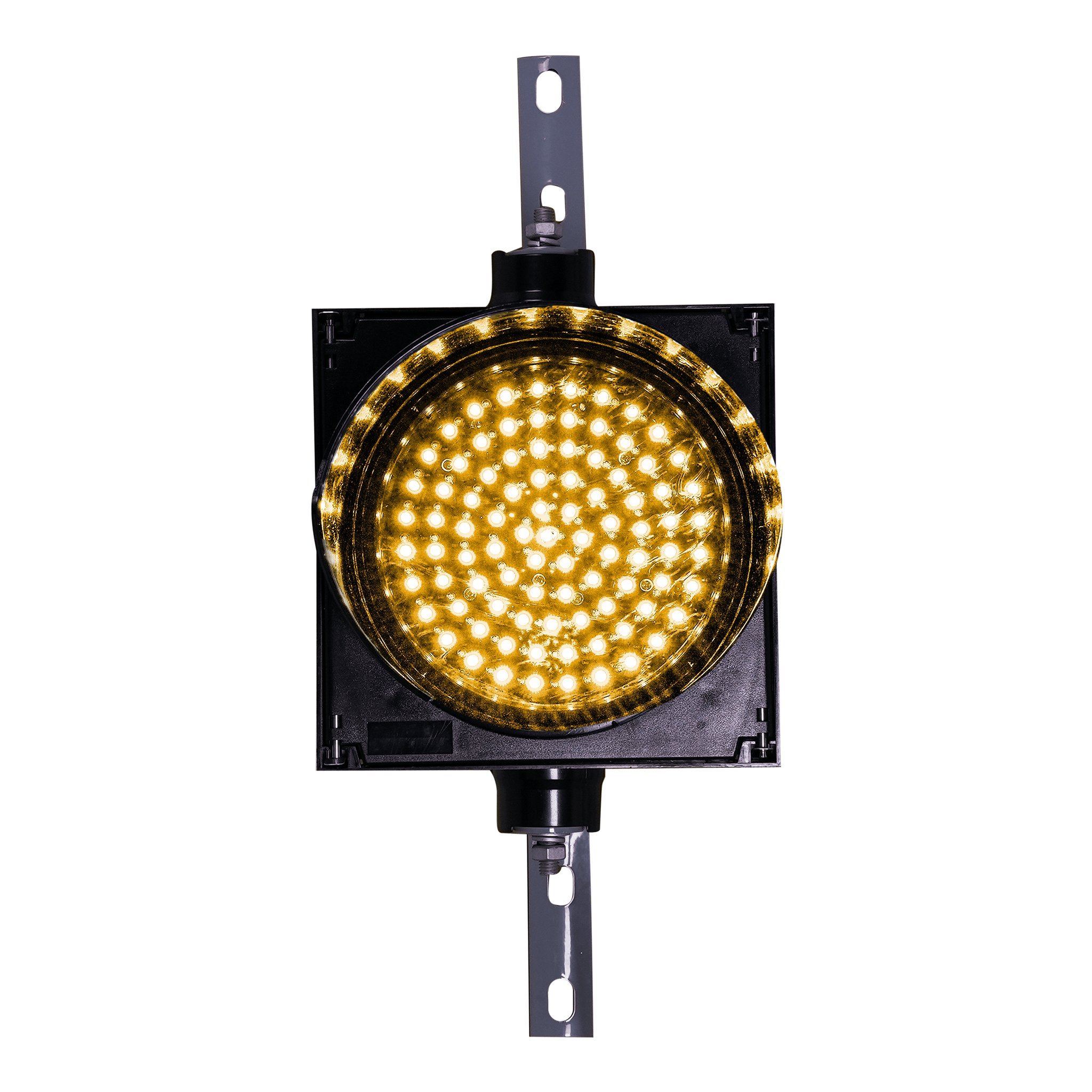 Amber 8 inch traffic light on a white background.