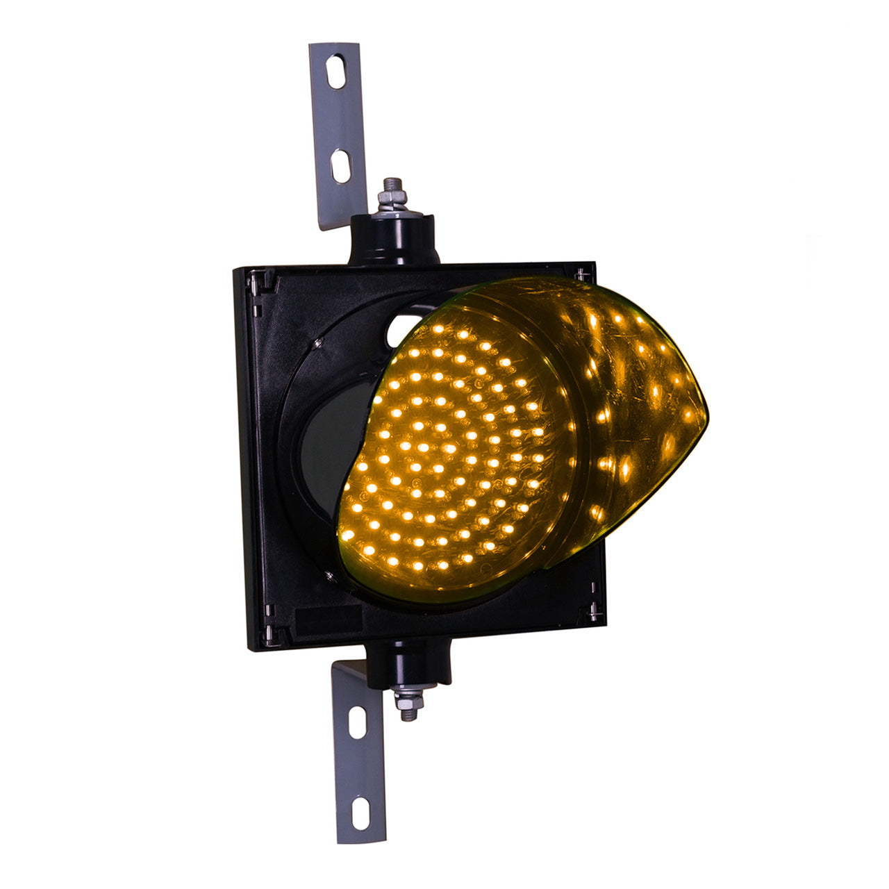Amber 8 inch traffic light on a white background.
