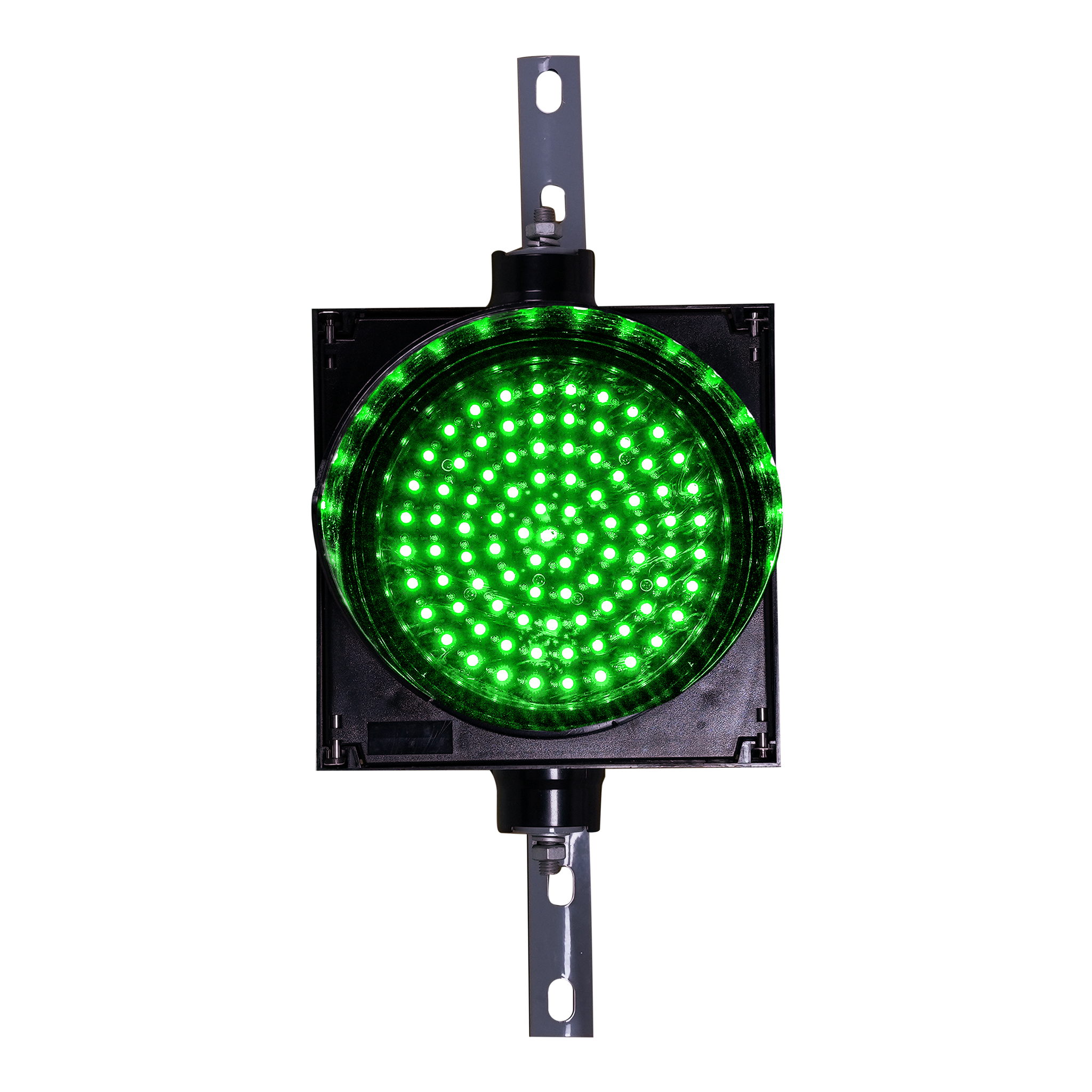 Green 8 inch traffic light on a white background.