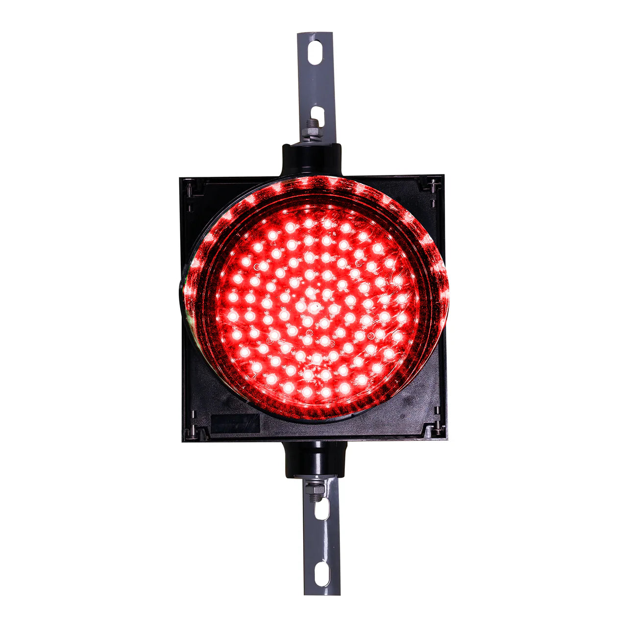 Red 8 inch traffic light on a white background.