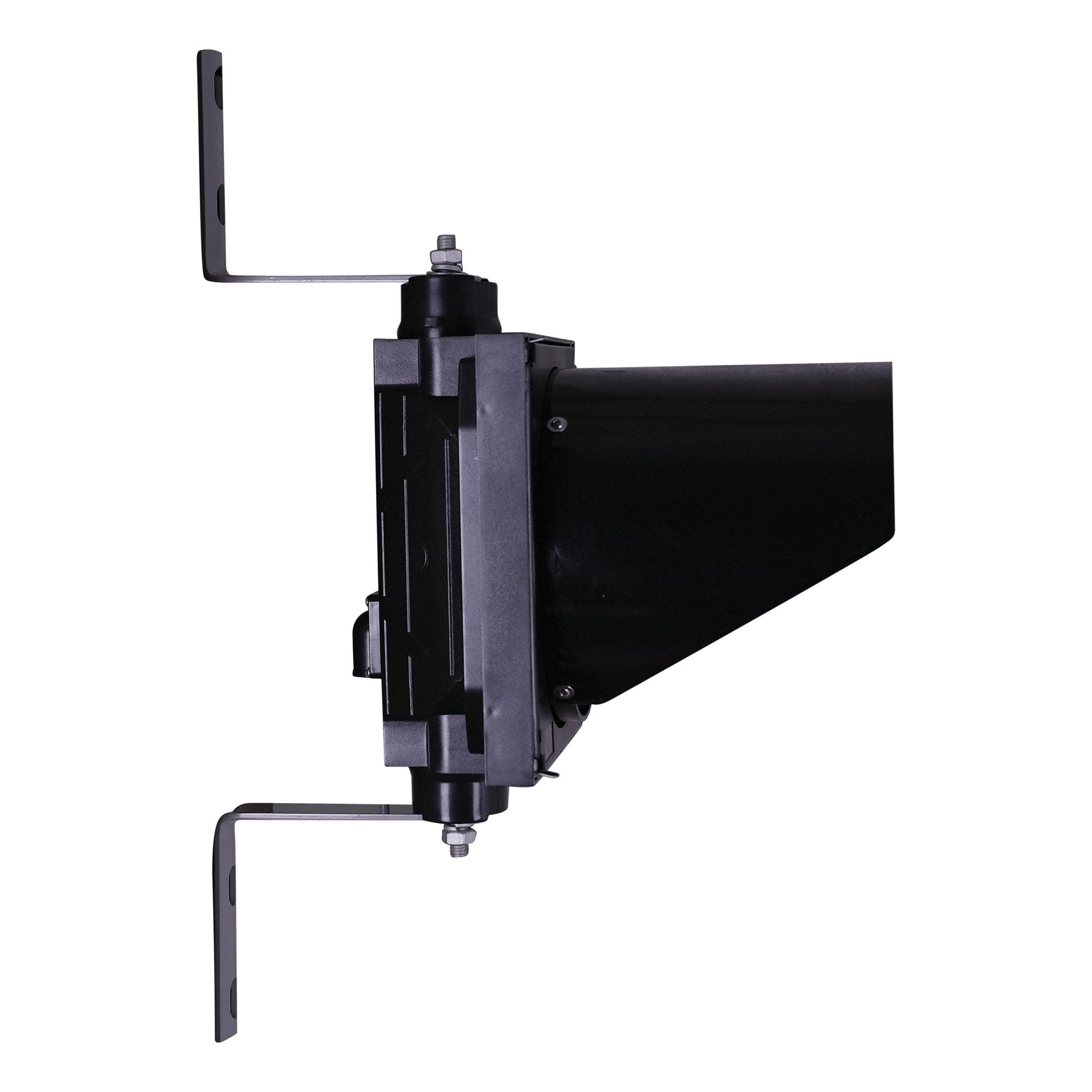 Black 8 inch traffic light with mounting brackets on a white background.