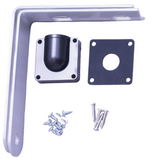 Metal bracket with mounting hardware on a white background.