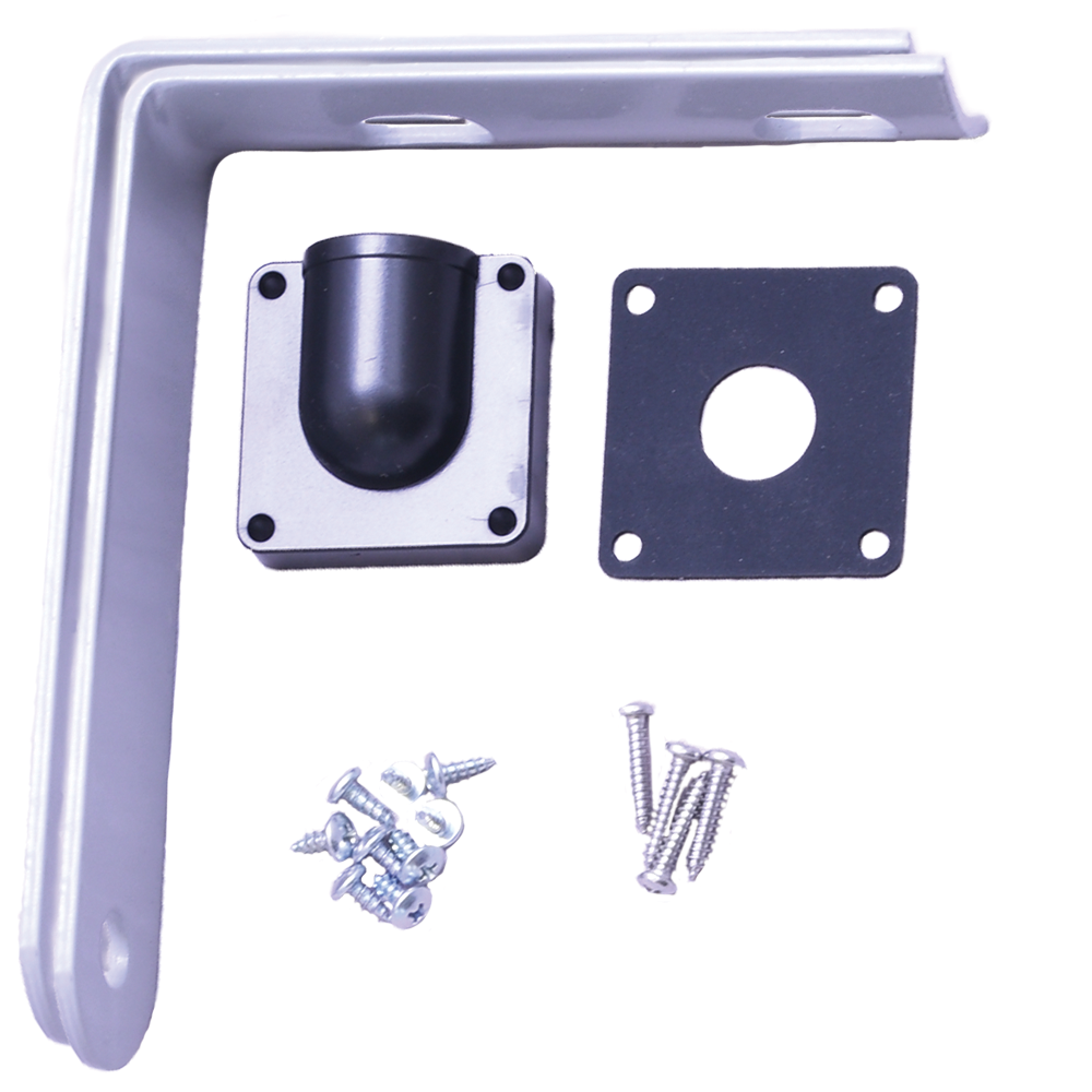 Metal bracket with mounting hardware on a white background.